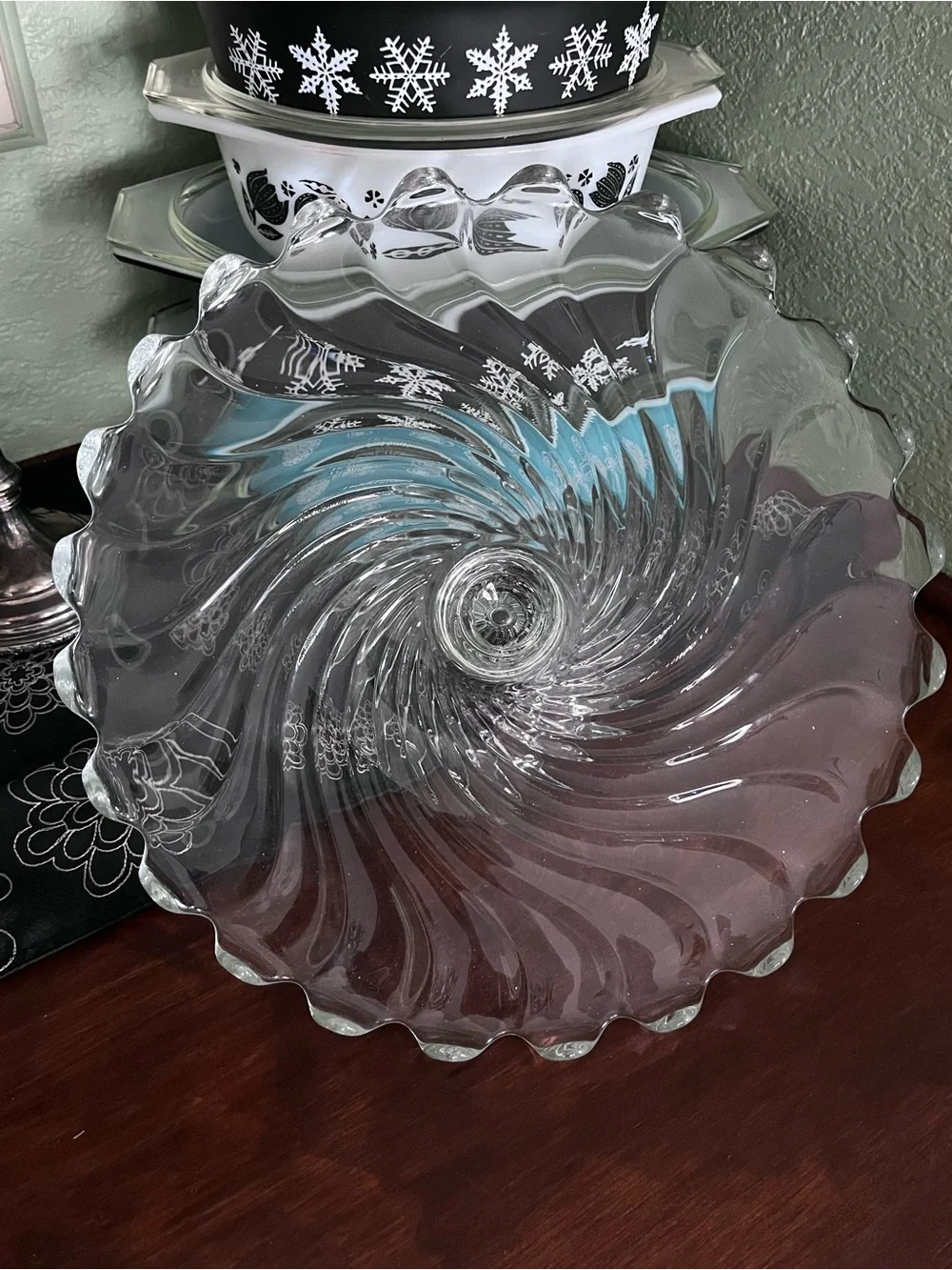 Elegant Fostoria Swirl Pedestal Cake Stand Scalloped Torte Plate 12”